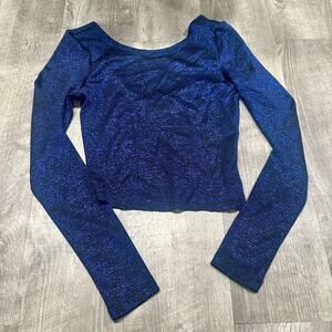 H&M Divided Blue Metallic Long Sleeve Crop Top Womens Size 4 Shimmer